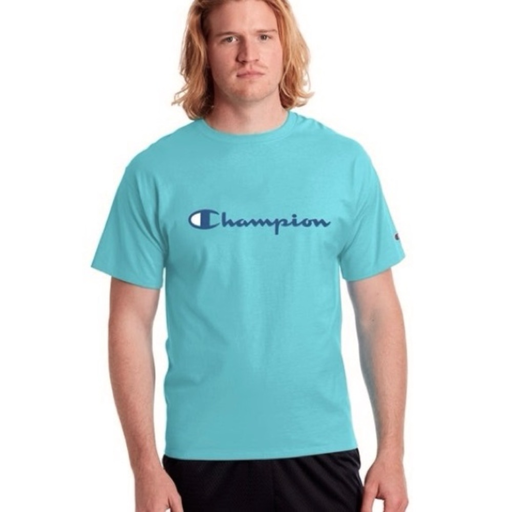 Like New Champion Men's Script Logo Unique Aqua Blue T-Shirt, Size Medium